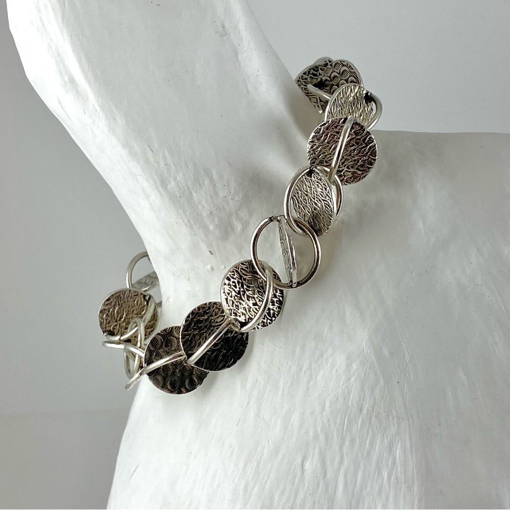 New Sterling Silver Patterned Disc Round Link Bra… - image 2